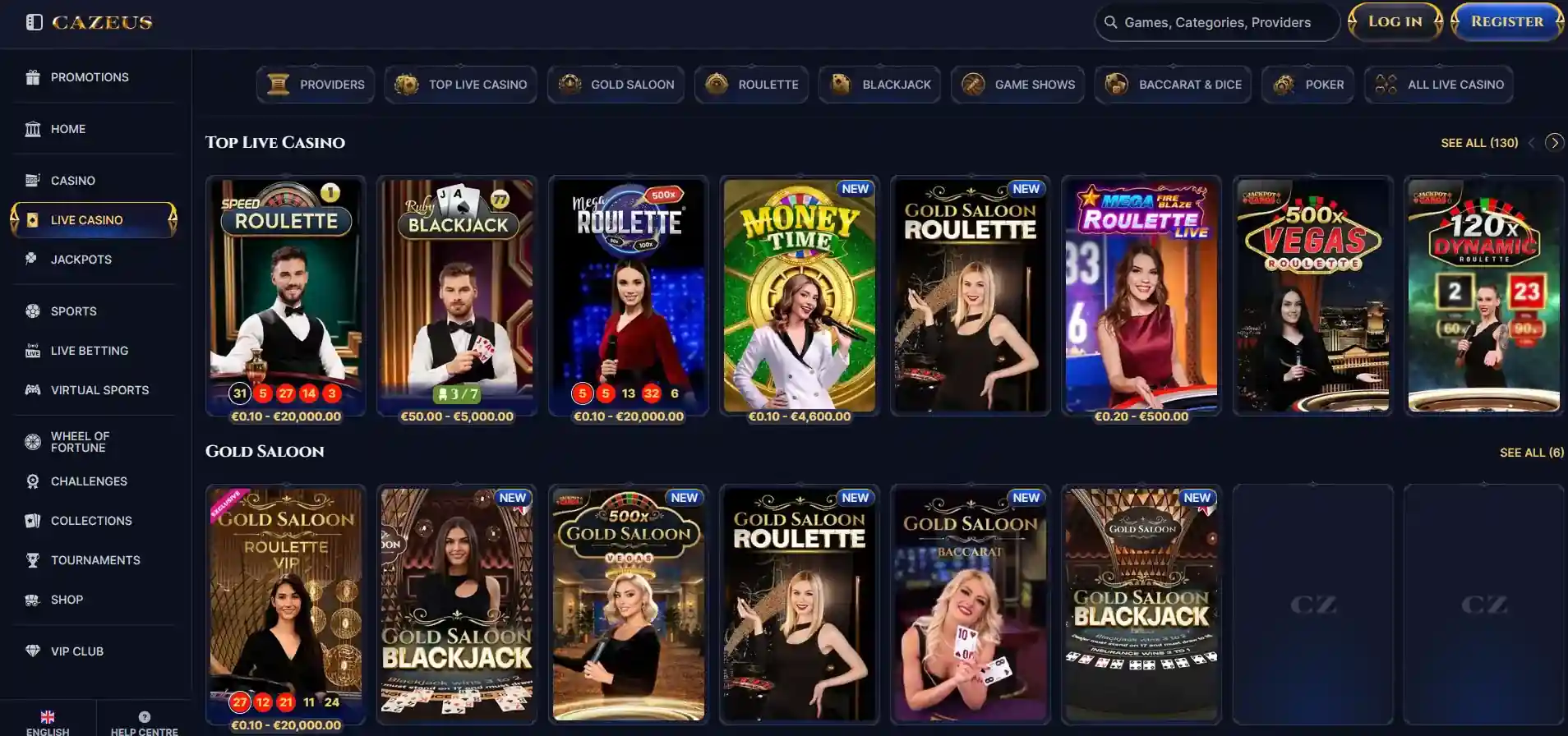 Current Cazeus live casino lobby with live dealer game categories