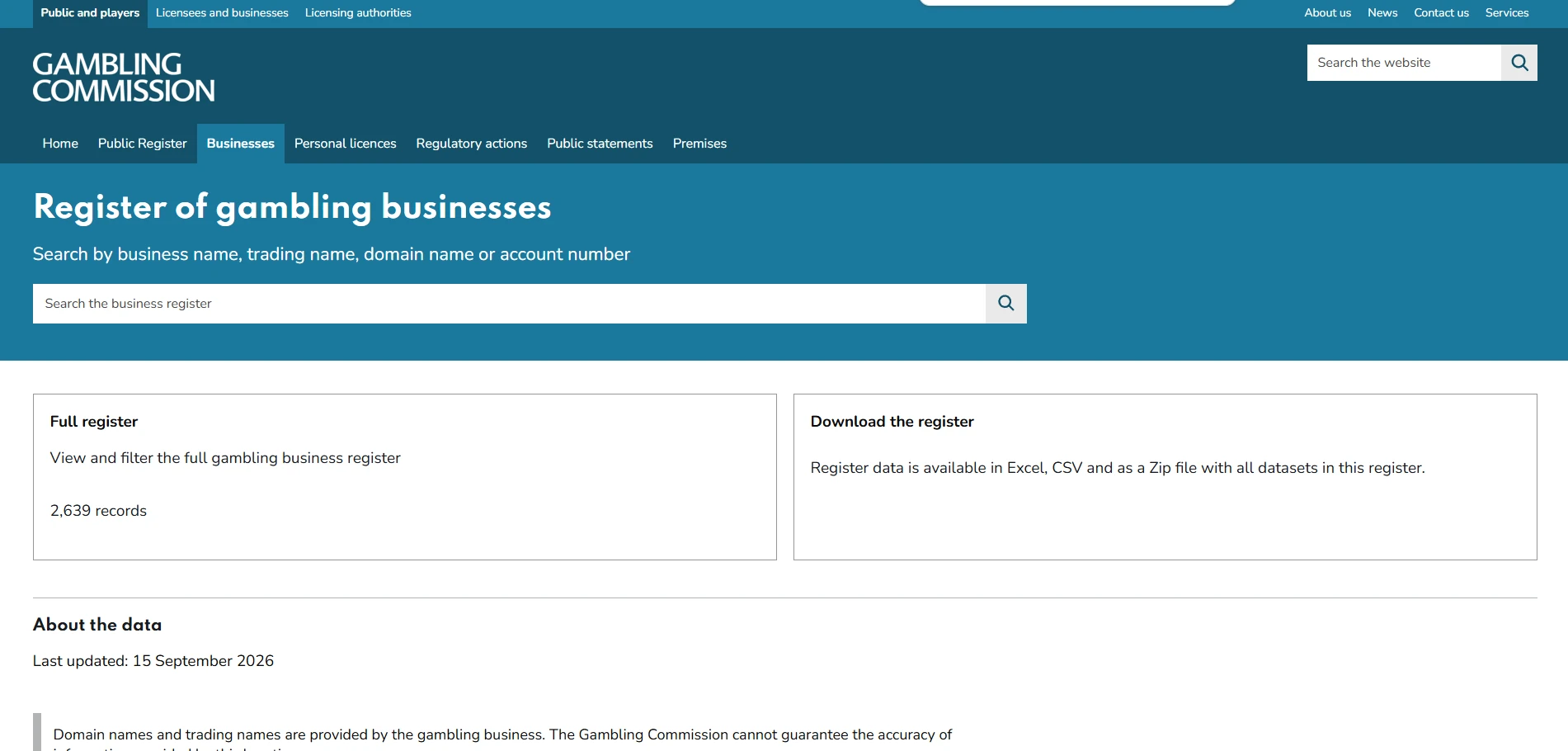 UK Gambling Commission public business register used for the Cazeus licence check